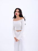 42241 TRİKO KAYIK YAKA CROP-EKRU resmi